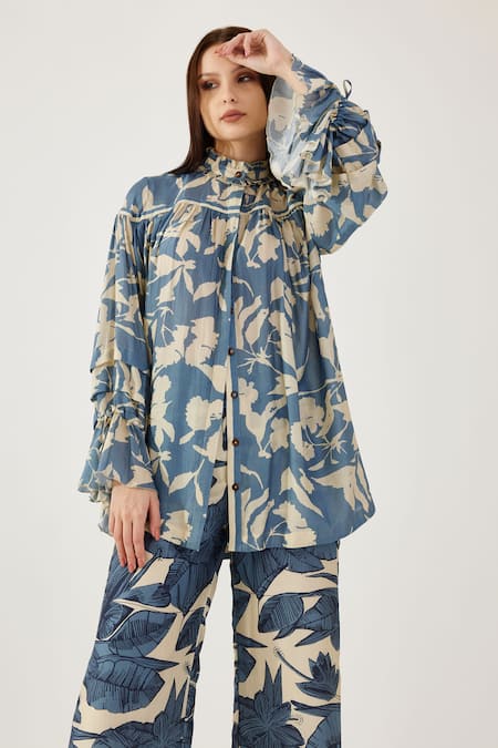 Buy_Koai_Sky Blue Cotton, Silk Embroidery High Neck Floral Print Shirt _Online_at_Aza_Fashions