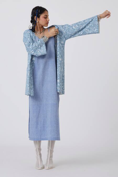 Buy The Summer House Blue Cotton, Linen Embroidery Open Neck Ewa Reversible Jacket Online at Aza Fashions Buy_The Summer House_Blue Cotton, Linen Embroidery Open Neck Ewa Reversible Jacket _Online_at_Aza_Fashions