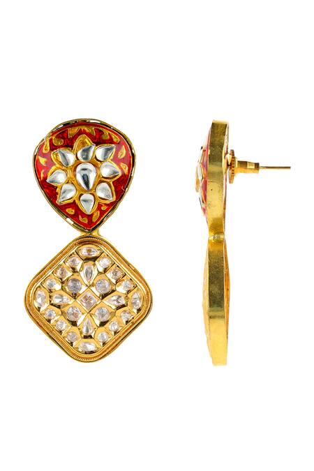 Shop_Ishhaara_Gold Plated Stones Oval Shaped Earrings _Online_at_Aza_Fashions