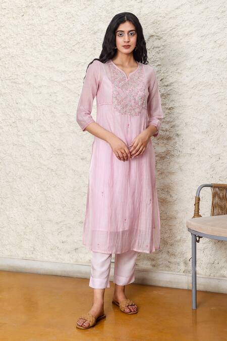 Buy_Tatwa_Pink Handloom Cotton, Viscose, Silk Embroidery Round Yoke Hand Kurta And Pant Set _Online_at_Aza_Fashions