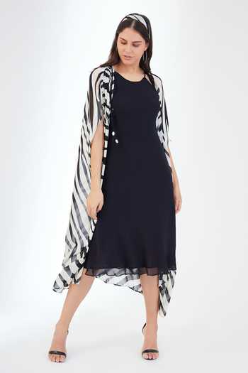 Buy_Nikasha_Black Viscose, Georgette Halter , Open Dress With Printed Jacket _Online_at_Aza_Fashions