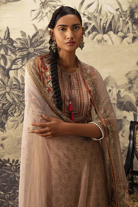 Buy_Kalista_Beige Crepe, Georgette Embroidery, Cut Work, Asmee Checkered Print Kurta Set _Online_at_Aza_Fashions