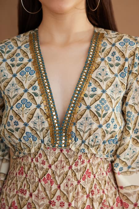 Buy Nikasha Blue Viscose, Georgette Sequins V-neck Mughal Print Tiered Dress Online at Aza Fashions Buy_Nikasha_Blue Viscose, Georgette Sequins V-neck Mughal Print Tiered Dress _Online_at_Aza_Fashions