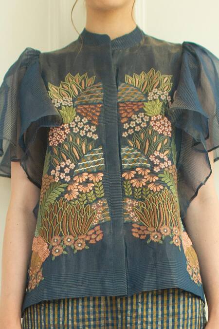 Buy_Oja_Blue Handloom Silk Applique Band Collar Floral Pattern Short Tunic And Pant Set _Online_at_Aza_Fashions