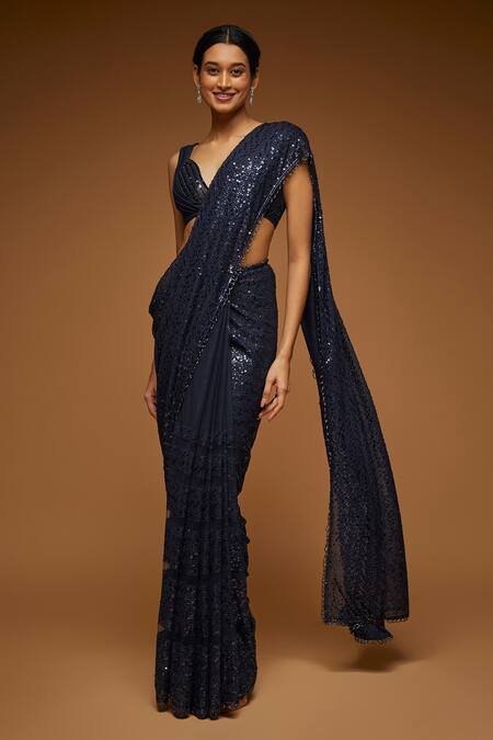 Buy_Neeta Lulla_Blue Tulle Sequins V-neck Nia Embellished Saree With Blouse _Online_at_Aza_Fashions