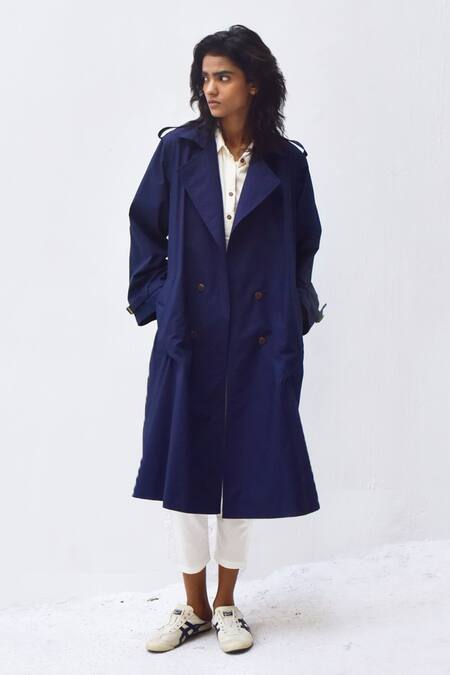 Buy Kharakapas Blue Poplin Collared Sage Trench Coat Online at Aza Fashions Buy_Kharakapas_Blue Poplin Collared Sage Trench Coat_Online_at_Aza_Fashions