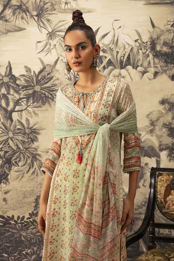 Buy Kalista Green Crepe, Georgette Embroidery Zuri Floral Print Kurta Pant Set Online at Aza Fashions Buy_Kalista_Green Crepe, Georgette Embroidery Zuri Floral Print Kurta Pant Set _Online_at_Aza_Fashions