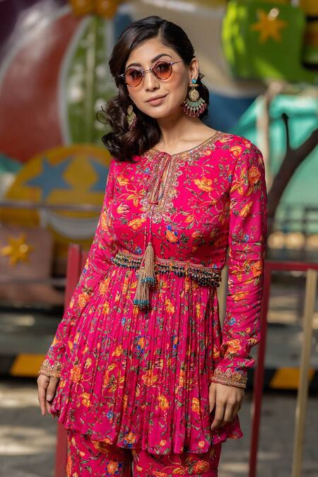 Buy Irrau By Samir Mantri Multi Color Chiffon Sequins, Beads, Cut Floral Stripe Print Kurta And Gharara Set Online at Aza Fashions Buy_Irrau By Samir Mantri_Multi Color Chiffon Sequins, Beads, Cut Floral Stripe Print Kurta And Gharara Set _Online_at_Aza_Fashions