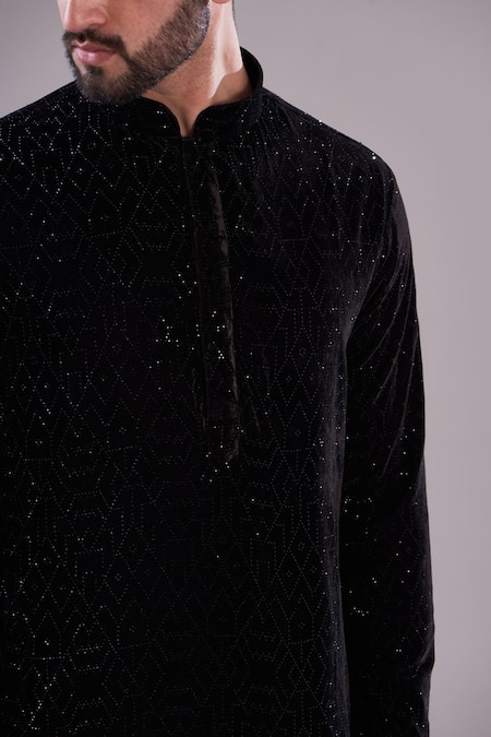 Buy Kasbah Black Velvet, Cotton Embroidery Geometric Kurta Online at Aza Fashions Buy_Kasbah_Black Velvet, Cotton Embroidery Geometric Kurta_Online_at_Aza_Fashions