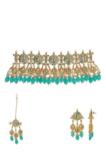 Buy Ishhaara Multi Color Stones Handcrafted Embellished Necklace Set With Maangtikka Online at Aza Fashions Buy_Ishhaara_Multi Color Stones Handcrafted Embellished Necklace Set With Maangtikka _Online_at_Aza_Fashions