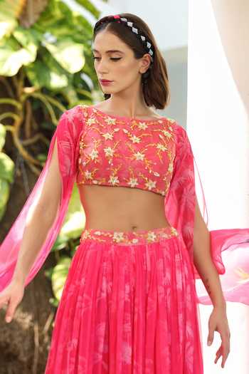 Buy_Tarini Vij_Pink Blouse Net And , Lehenga Palm Tree, & Print With _Online_at_Aza_Fashions