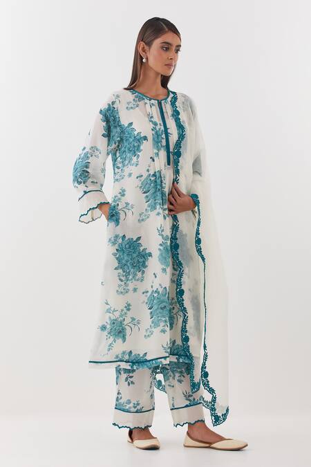 Amisha Kothari Ivory Cotton, Organza, Cut Work, Floral Printed Kurta Set With Dupatta Online at Aza Fashions Amisha Kothari_Ivory Cotton, Organza, Cut Work, Floral Printed Kurta Set With Dupatta _Online_at_Aza_Fashions