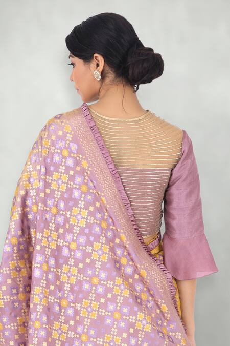 Buy_I Am Design_Purple Raw Silk Floral And Kantha Embroidery Round Neckline Crop Top _Online_at_Aza_Fashions