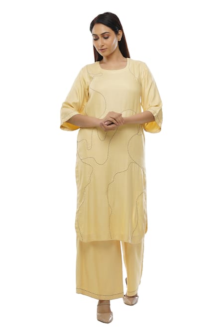 Buy_Khat_Yellow Tencel Embroidery Square Neck Abstract Kurta Palazzo Set _Online_at_Aza_Fashions