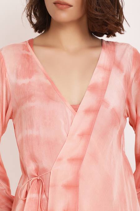 Ranng Label_Orange Natural Crepe Tie-dye V Neck Tie Dye Tunic And Palazzo Set _at_Aza_Fashions