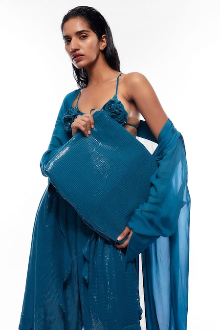 Buy Deme By Gabriella Blue Georgette, Chiffon Fabric Flowers, Long Cape And Embellished Harem Pant Set Online at Aza Fashions Buy_Deme By Gabriella_Blue Georgette, Chiffon Fabric Flowers, Long Cape And Embellished Harem Pant Set _Online_at_Aza_Fashions