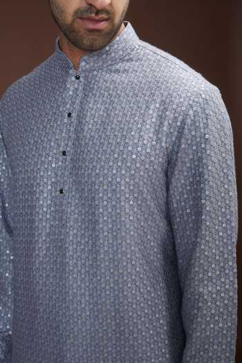 Buy_Kasbah_Grey Silk Embroidery Chikankari Kurta_Online_at_Aza_Fashions