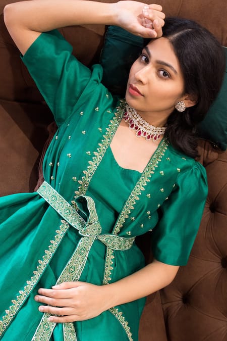 Buy Cupid Cotton Green Chanderi Silk Pearls, Zari, Embroidery Sweetheart Anarkali With Jacket Online at Aza Fashions Buy_Cupid Cotton_Green Chanderi Silk Pearls, Zari, Embroidery Sweetheart Anarkali With Jacket _Online_at_Aza_Fashions