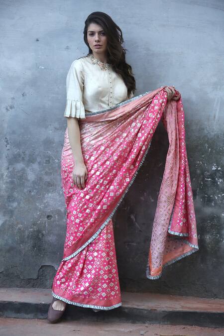Buy_I Am Design_Pink Silk Ikat Print Ruffle Border Saree _Online_at_Aza_Fashions