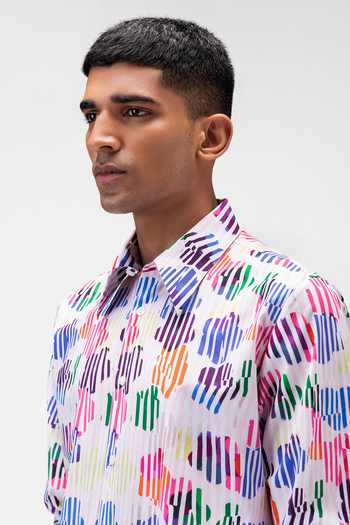 Buy_Genes Lecoanet Hemant_Multi Color Cotton, Poplin Rainbow Striped And Floral Collage Shirt_Online_at_Aza_Fashions