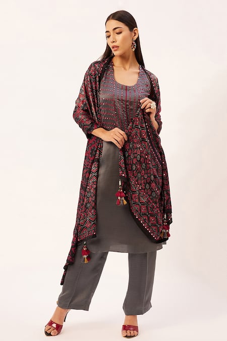 Buy_Zariya The Label_Grey Modal, Cotton, Satin Mirrors Straight Kurta Set With Ajrakh Print Dupatta _Online_at_Aza_Fashions
