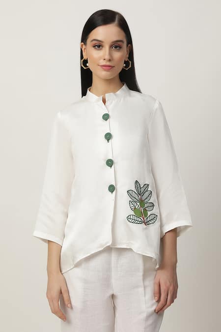 Musal_Ivory Satin, Linen Embroidery Mandarin Collar Dottie Leaf Motif Shirt _Online_at_Aza_Fashions