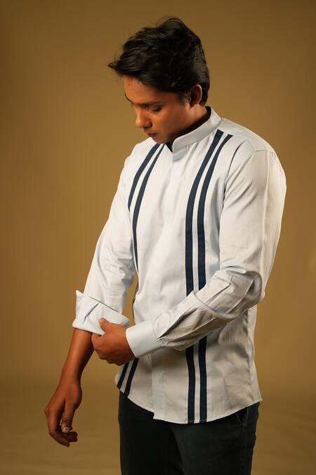 Hilo Design_Blue Oxford, Poplin, Lycra Stripe Pattern Shirt_Online_at_Aza_Fashions