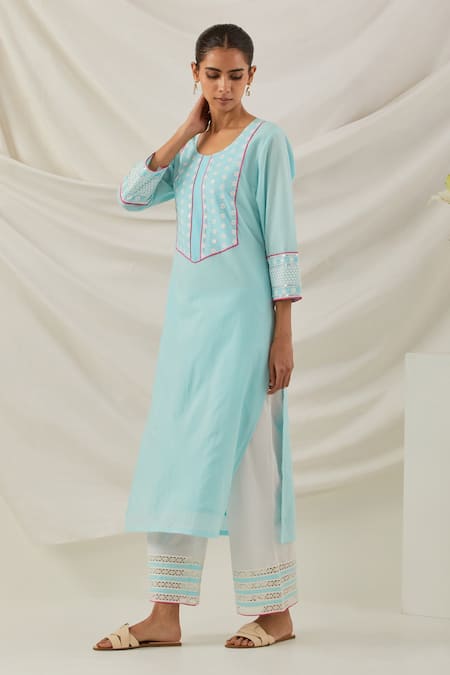 Buy_The Indian Cause_Blue Cotton Embroidery, Piping, Straight Kurta Set With Insert Contrast Dupatta_Online_at_Aza_Fashions