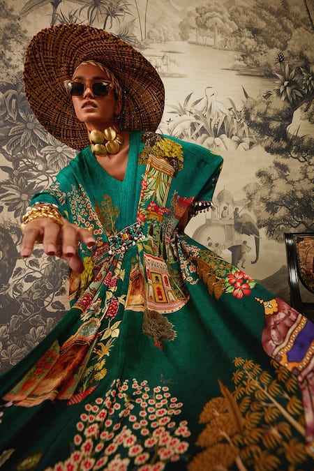 Buy_Kalista_Green Crepe Beads V-neck Aamna Mughal Pattern Kaftan _Online_at_Aza_Fashions
