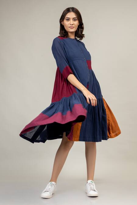 Doodlage Blue Cotton Round Neck Seville Tiered Dress Online at Aza Fashions Doodlage_Blue Cotton Round Neck Seville Tiered Dress _Online_at_Aza_Fashions