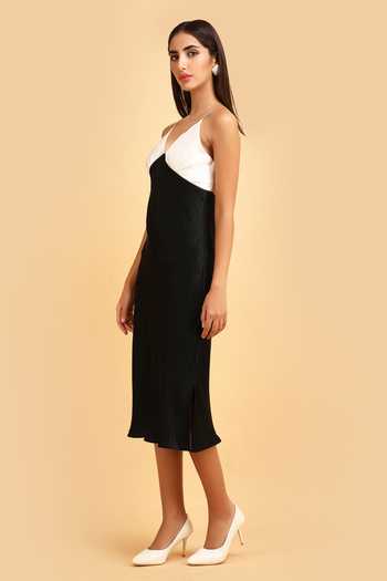 Buy_Label Ivish_Black Silk, Satin Plunge Neck Color Block Dress _Online_at_Aza_Fashions