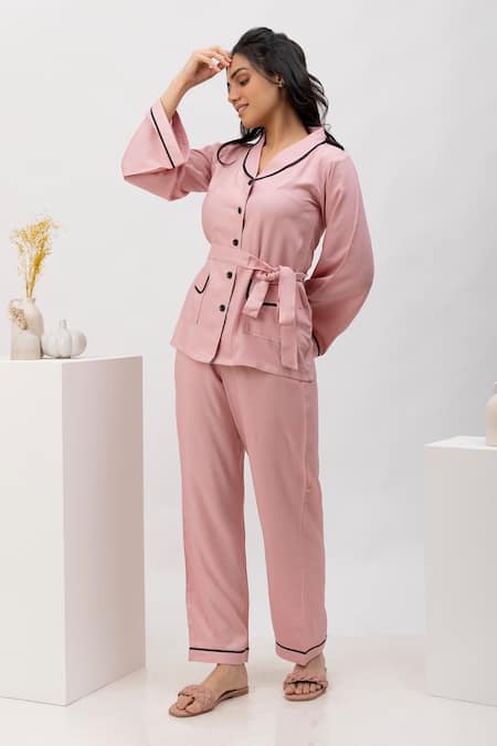 Buy Purple Cotton Plain Shawl Collar Misty Shirt And Pyjama Set