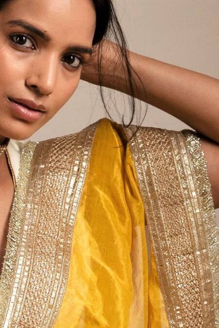 Buy_Shorshe Clothing_Yellow Handloom Cotton Pearls, Zari Tissue Embroidered Saree _Online_at_Aza_Fashions