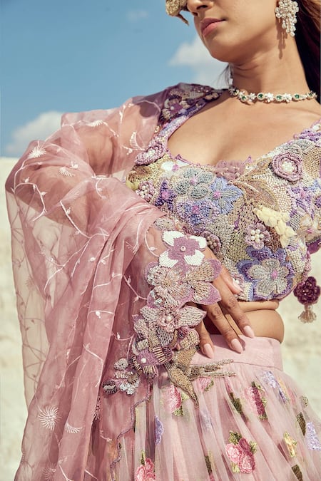 Buy_Nikita Vishakha_Purple Net, Jacquard Embroidery, Pearls Round Neck Zardozi Bridal Lehenga Set _Online_at_Aza_Fashions