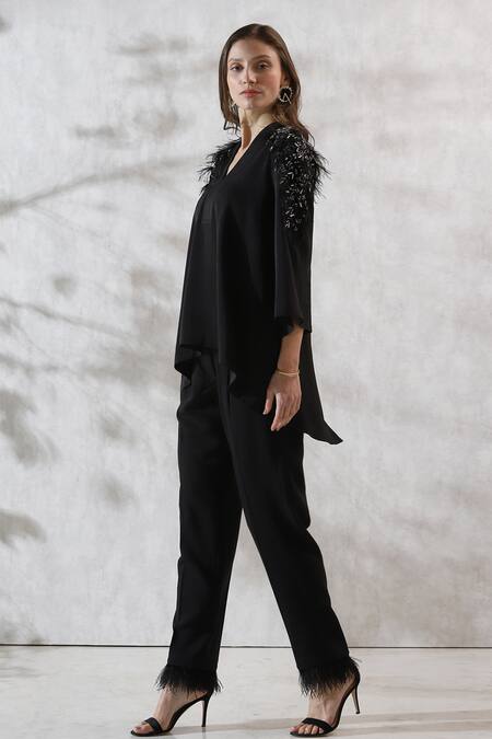 Buy_RANNA GILL_Black Crepe Applique Feather Shawl Collar Bell Sleeve Top _Online_at_Aza_Fashions