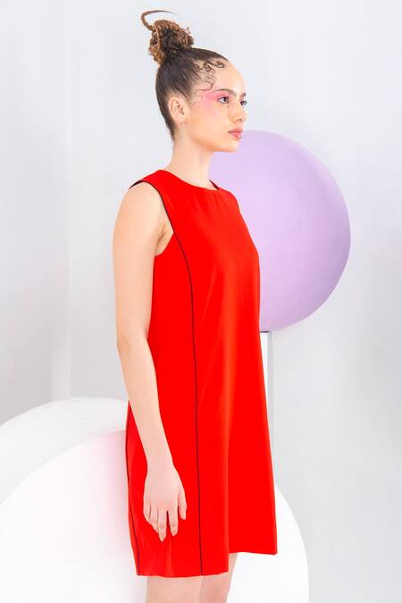 Buy_Pocketful Of Cherrie_Red Crepe Round Neck Straight Silhouette Dress_Online_at_Aza_Fashions
