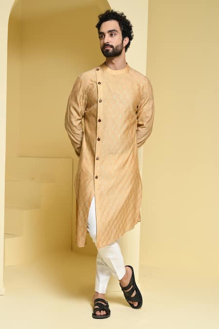 Buy_Kustomeyes_Beige Cotton, Silk Embroidery Floral Pattern Asymmetrical Kurta And Pant Set _Online_at_Aza_Fashions