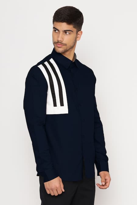 Buy_Lacquer Embassy_Blue Cotton Satin Navy Shirt With Block Panels _Online_at_Aza_Fashions