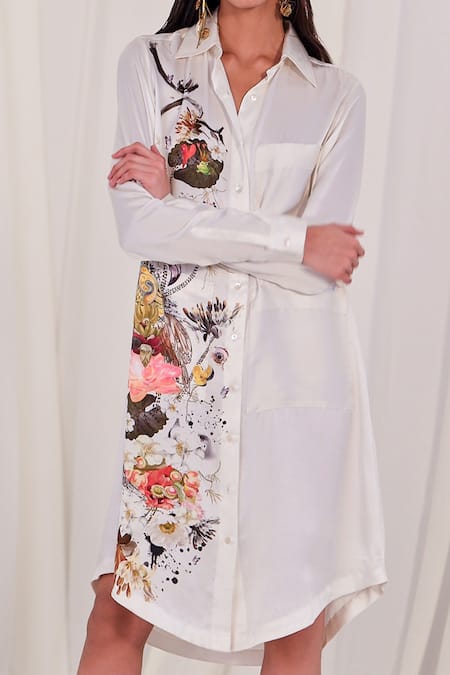 Buy AK-OK White Silk Collared Placement Print Shirt Dress Online at Aza Fashions Buy_AK-OK_White Silk Collared Placement Print Shirt Dress _Online_at_Aza_Fashions