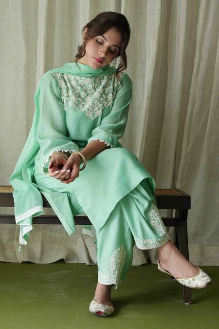 Buy Kanika Sharma Green Chanderi Silk, Modal, Muslin Pearls, Embroidery Kurta Peshwa Pant Set Online at Aza Fashions Buy_Kanika Sharma_Green Chanderi Silk, Modal, Muslin Pearls, Embroidery Kurta Peshwa Pant Set _Online_at_Aza_Fashions
