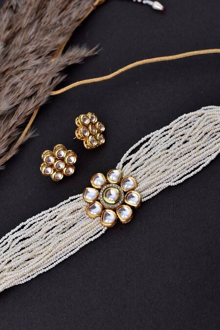 Buy_Swabhimann_White Pearls, Diamonds Floral Embellished Choker Set _Online_at_Aza_Fashions