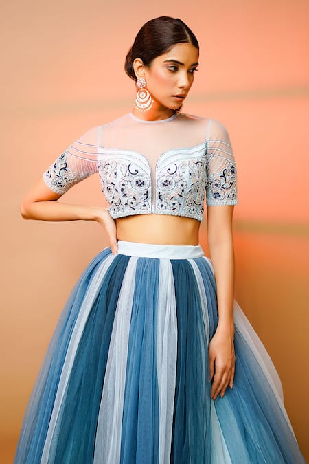 Ahi Clothing Blue Net, Linen Embroidery Round Neck Hand Blouse And Skirt Set Online at Aza Fashions Ahi Clothing_Blue Net, Linen Embroidery Round Neck Hand Blouse And Skirt Set _Online_at_Aza_Fashions