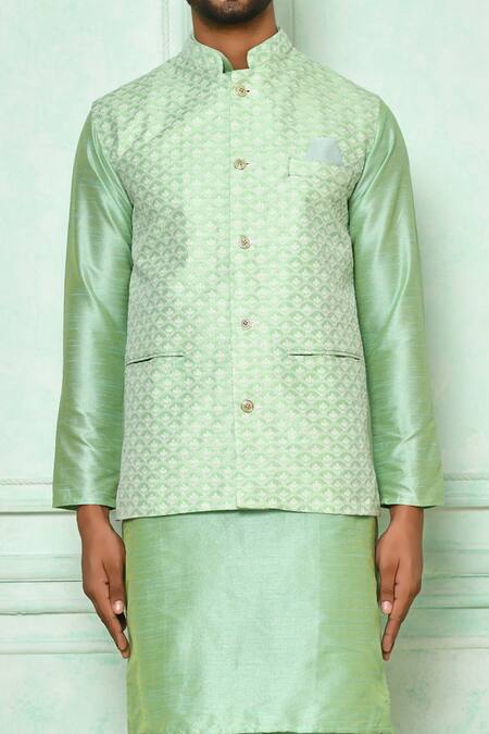 Shop_Arihant Rai Sinha_Green Kurta Silk And Pyjama Cotton Embroidery Thread Bundi & Set_Online_at_Aza_Fashions