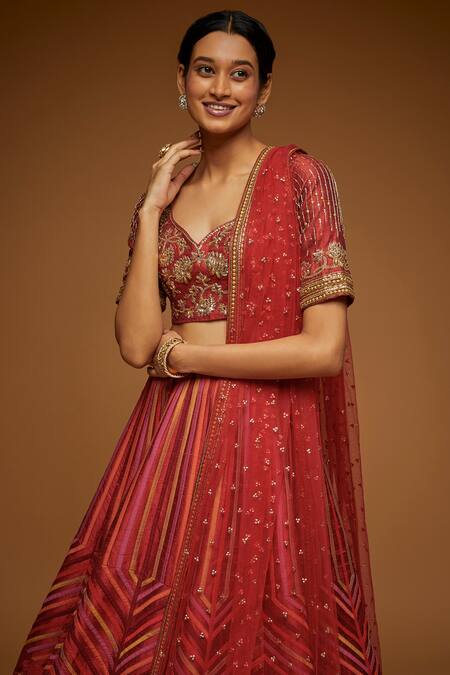 Buy Neeta Lulla Red Silk, Tulle Beads, Sequins, Zari Phoenix Stripe Pattern Bridal Lehenga Set Online at Aza Fashions Buy_Neeta Lulla_Red Silk, Tulle Beads, Sequins, Zari Phoenix Stripe Pattern Bridal Lehenga Set_Online_at_Aza_Fashions