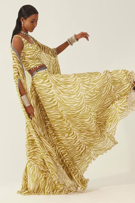 Buy_Amka_Green Chiffon Embroidery Square Neck Nicobar Leopard Print Cape Lehenga Set_Online_at_Aza_Fashions