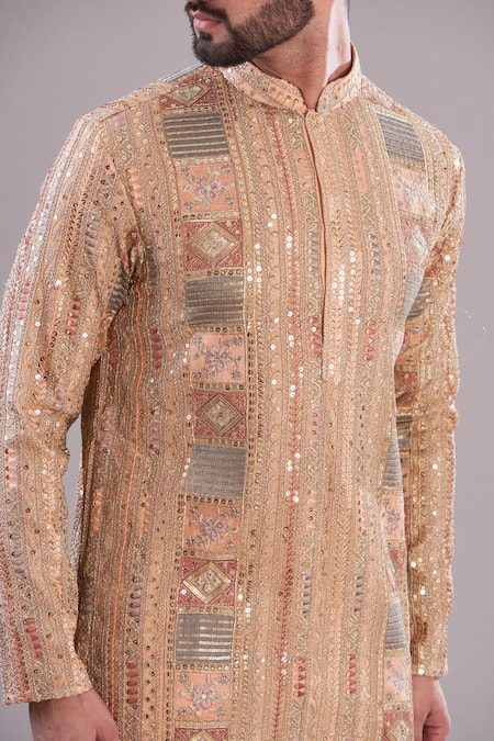 Buy_Kasbah_Peach Georgette, Cotton Sequins Pastel Embroidered Kurta Set _Online_at_Aza_Fashions