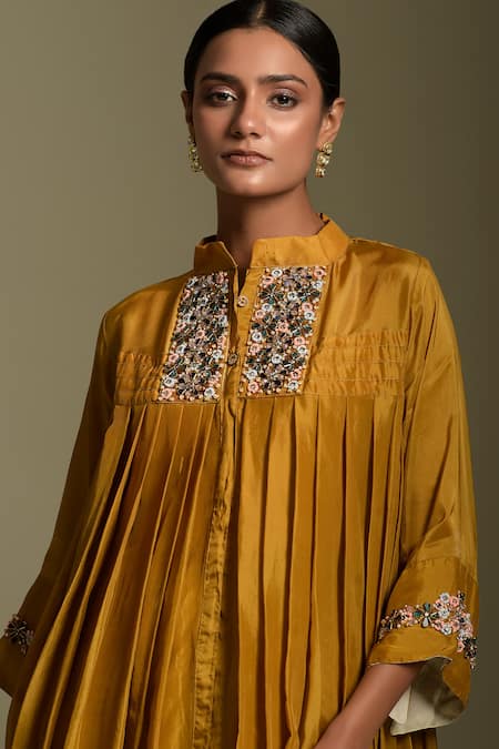 Buy_Two Sisters By Gyans_Yellow Dhoti Satin, Kurta Crepe Sequins Stand Collared Neck Asymmetric And Set _Online_at_Aza_Fashions