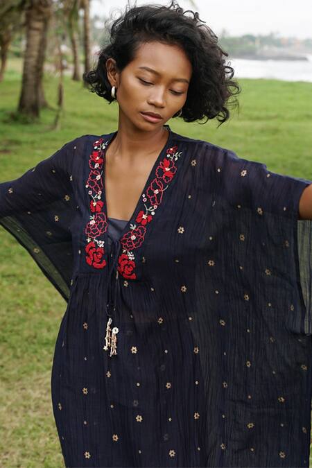 Baju_Blue 40% , 60% , Chanderi Floral Sunshower Printed Kaftan_Online_at_Aza_Fashions