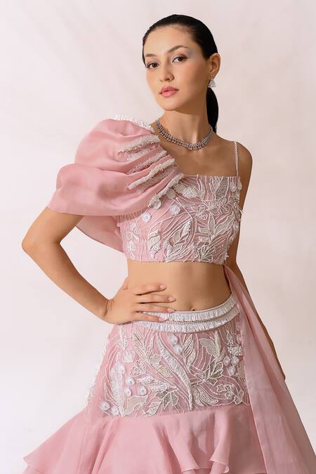 Buy PIRI INDIA Pink Organza, Georgette Embroidery Asymmetric Hand Blouse And Lehenga Set Online at Aza Fashions Buy_PIRI INDIA_Pink Organza, Georgette Embroidery Asymmetric Hand Blouse And Lehenga Set _Online_at_Aza_Fashions