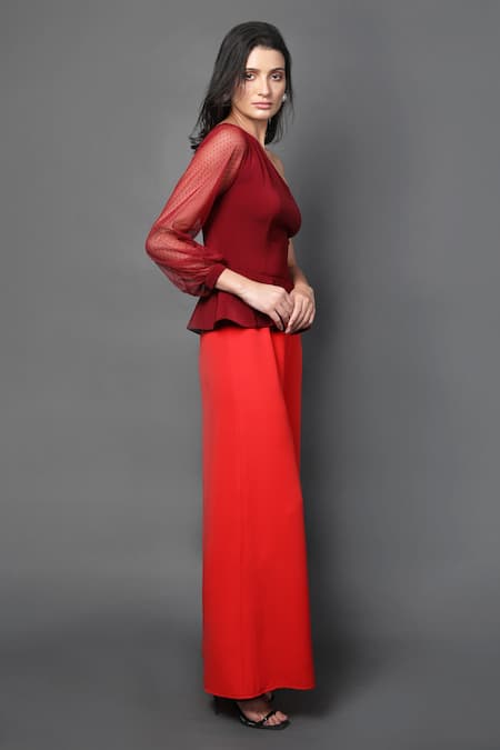 Buy_Swatee Singh_Red Crepe One Shoulder Color Blocked Jumpsuit _Online_at_Aza_Fashions